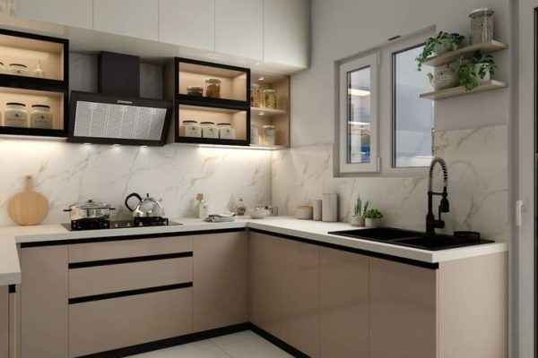 A sleek modular kitchen design featuring glossy…